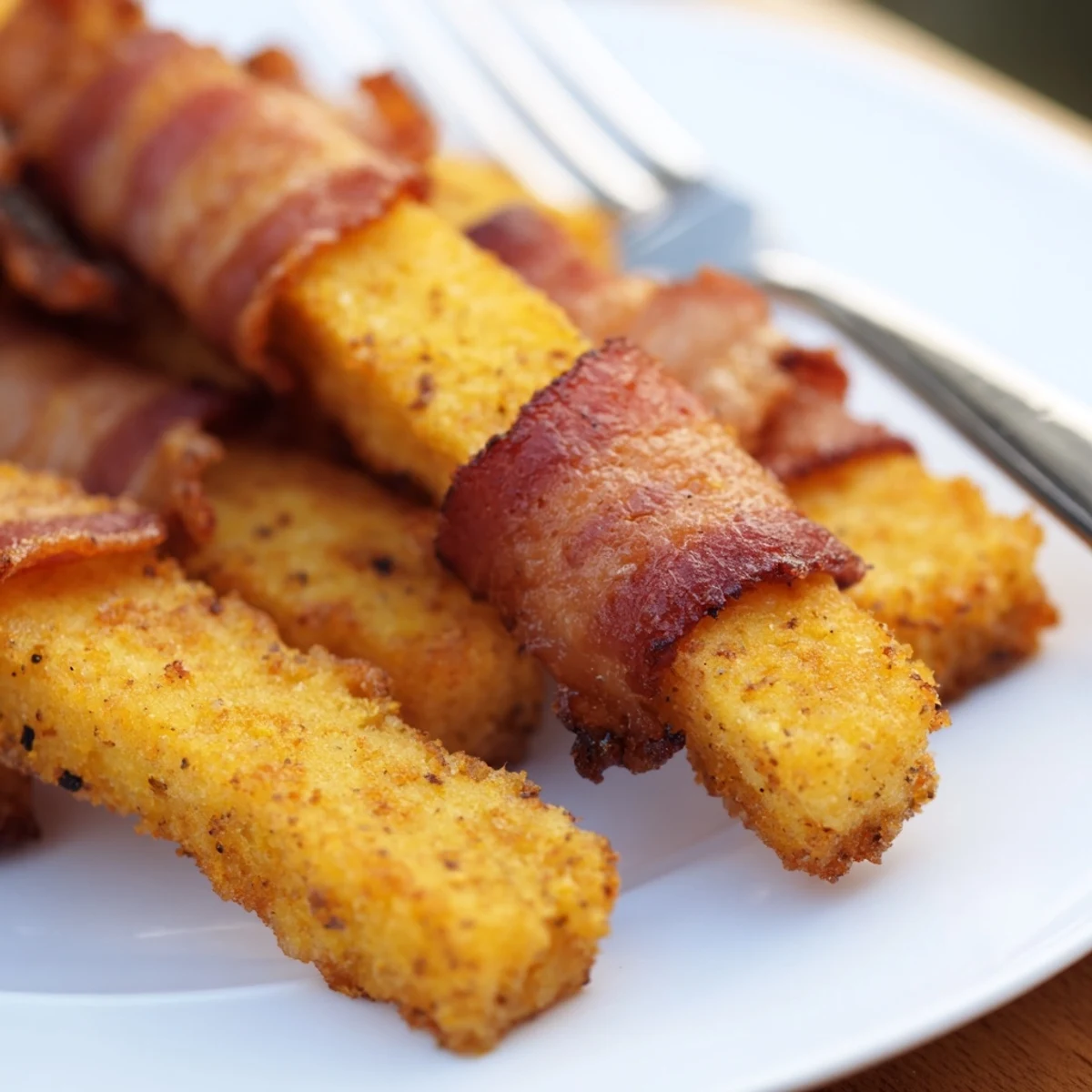 Delicious bacon-wrapped cornbread sticks served hot with honey butter for extra flavor.