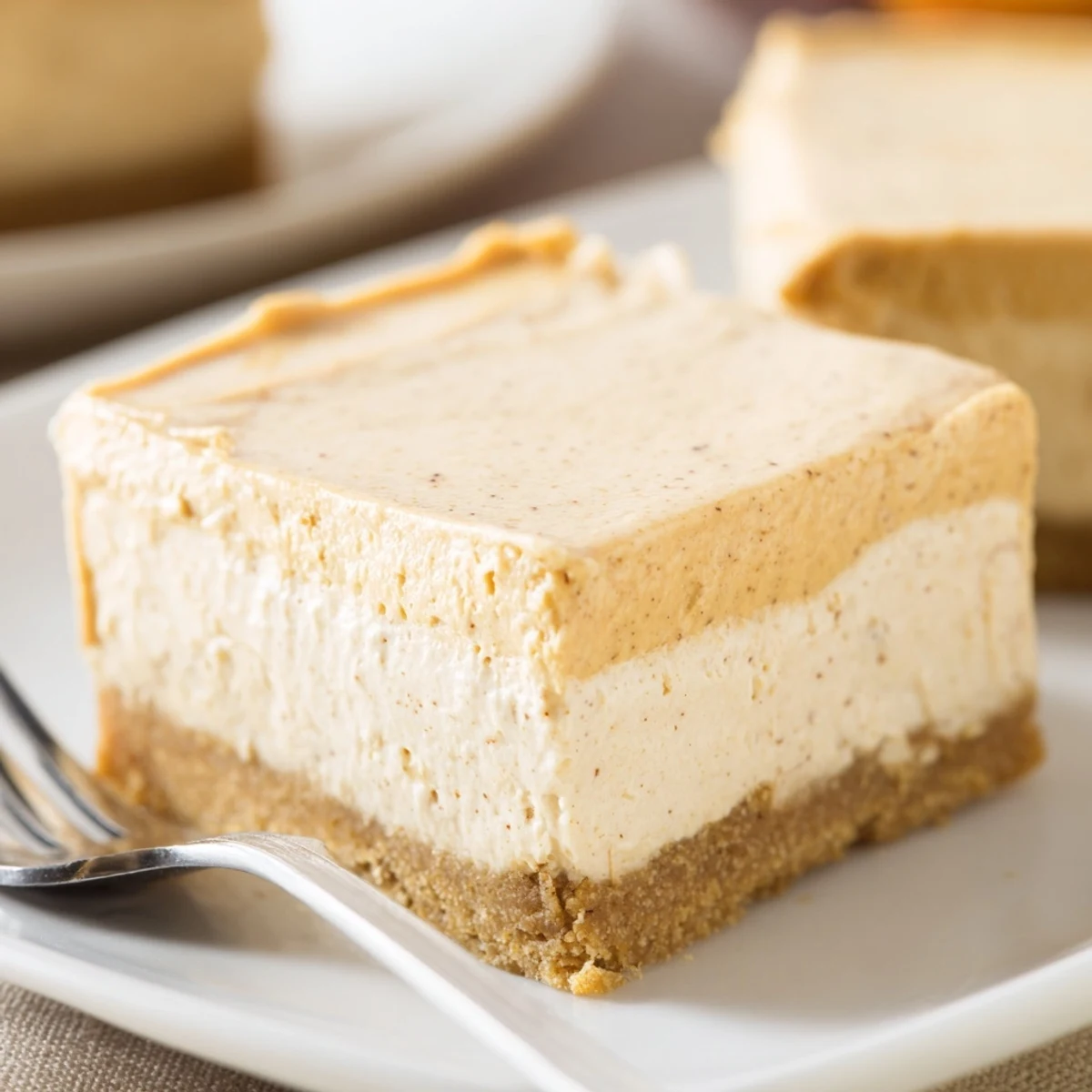 Luscious pumpkin spice cheesecake bars topped with whipped cream, a festive autumn treat.