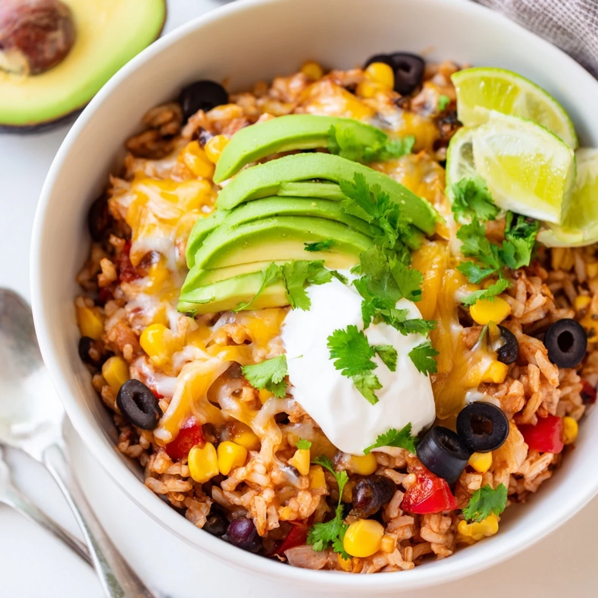 A delicious Microwave Enchilada Bowl topped with melted cheese and fresh avocado slices.  