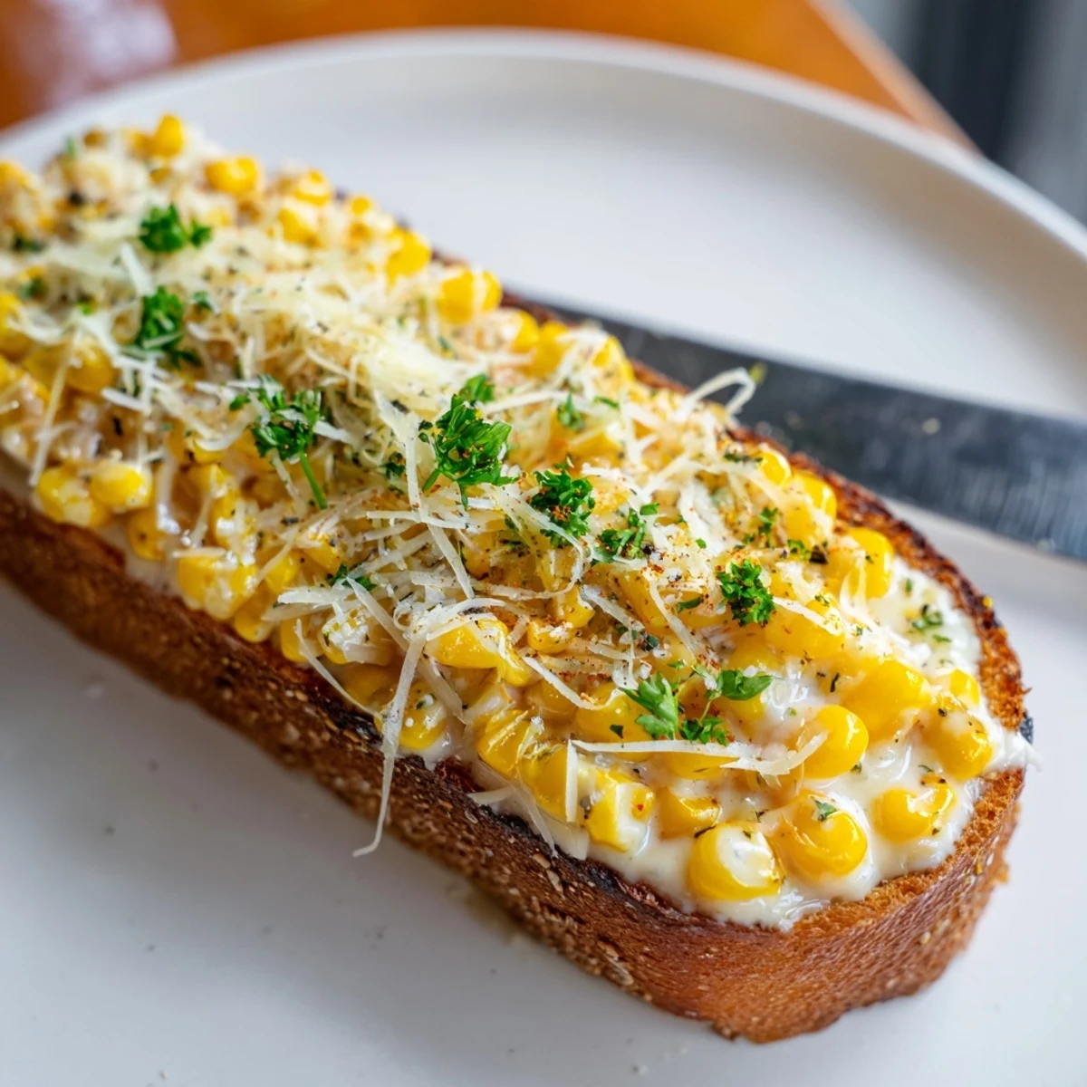 Creamy Buttered Corn Toast on crispy bread, bursting with flavor and warmth.