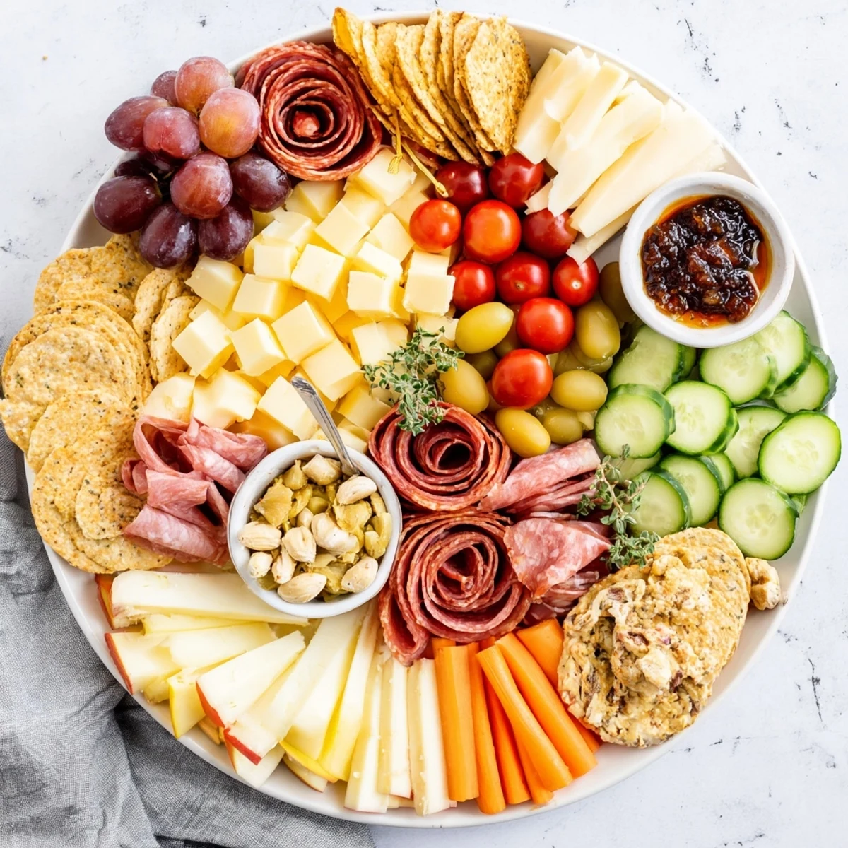 A colorful girl dinner platter filled with assorted cheeses, fruits, and dips.  