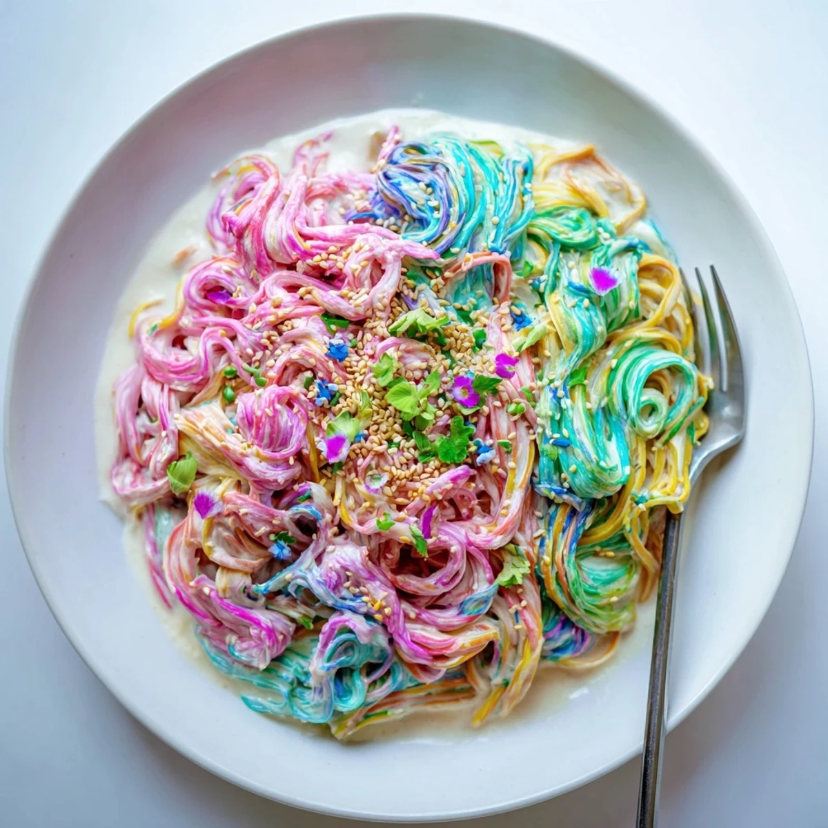 A colorful Neon Noodle Cloud dish topped with edible flowers and garnished scallions.  