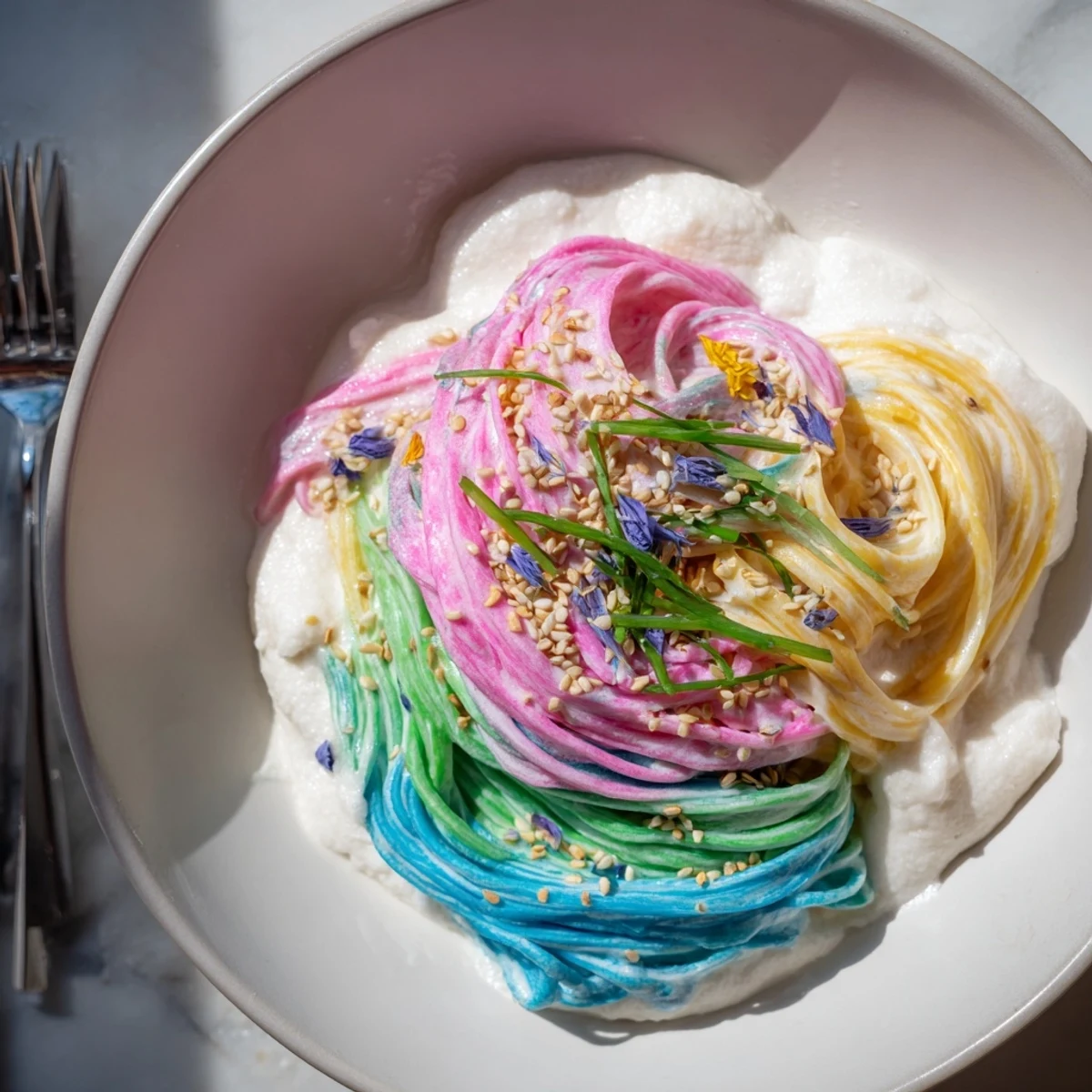 Vibrant Neon Noodle Cloud swirls in creamy sauce, perfect for parties and kids.  