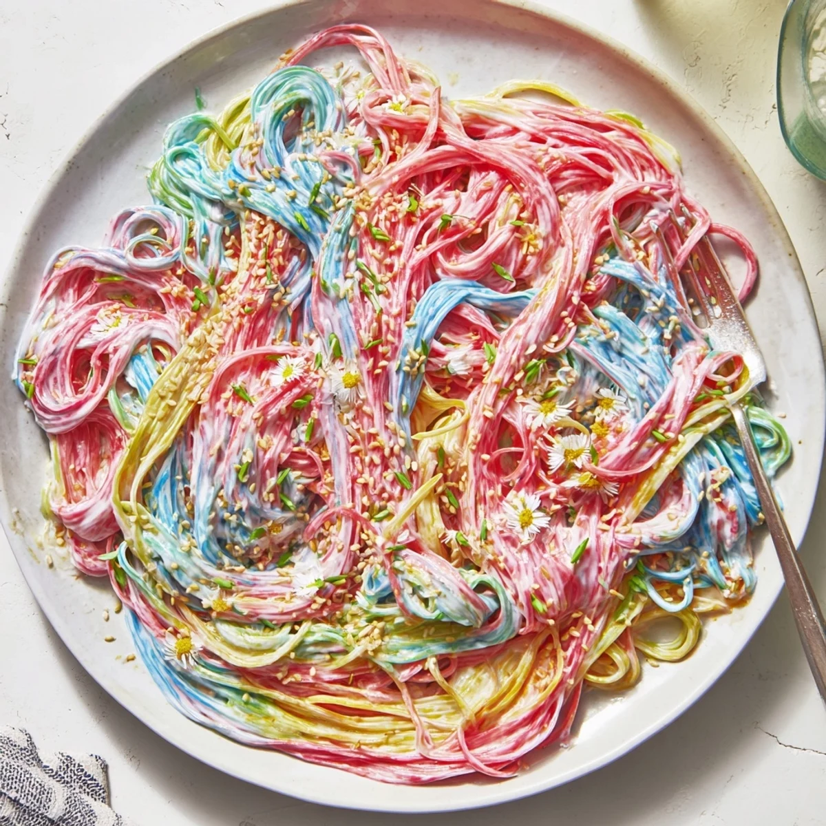 Delightful Neon Noodle Cloud featuring colorful noodles nestled in creamy, dreamy sauce.