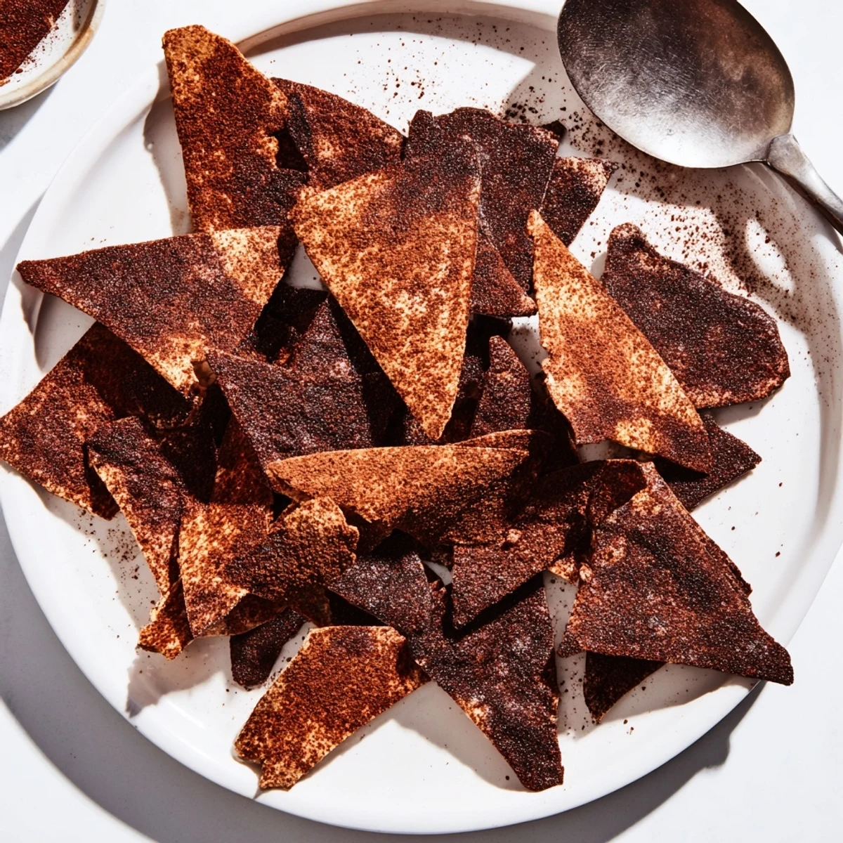 Crispy chocolate tortilla chips served with vibrant fruit salsa for delightful snacking.  