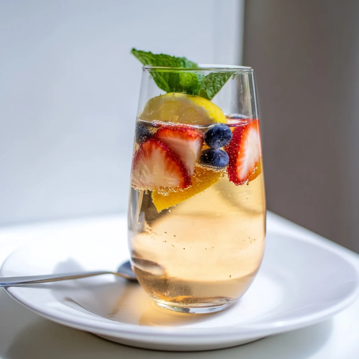 Colorful array of kombucha-style home-brew mocktails garnished with citrus slices and herbs.  