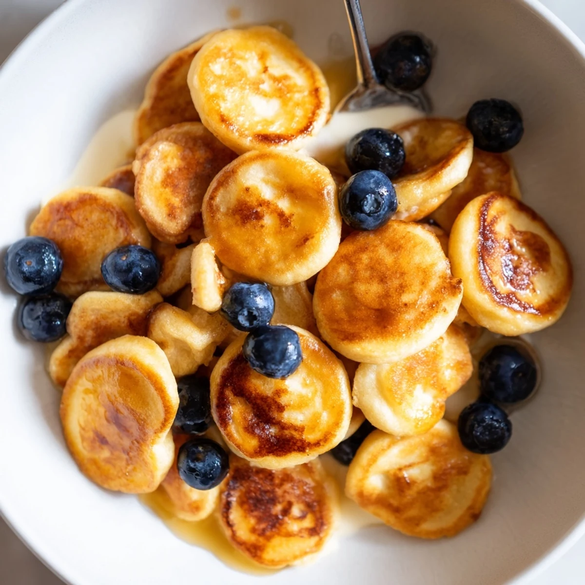 Bite-sized mini pancake cereal served with milk and fresh berries for breakfast.  
