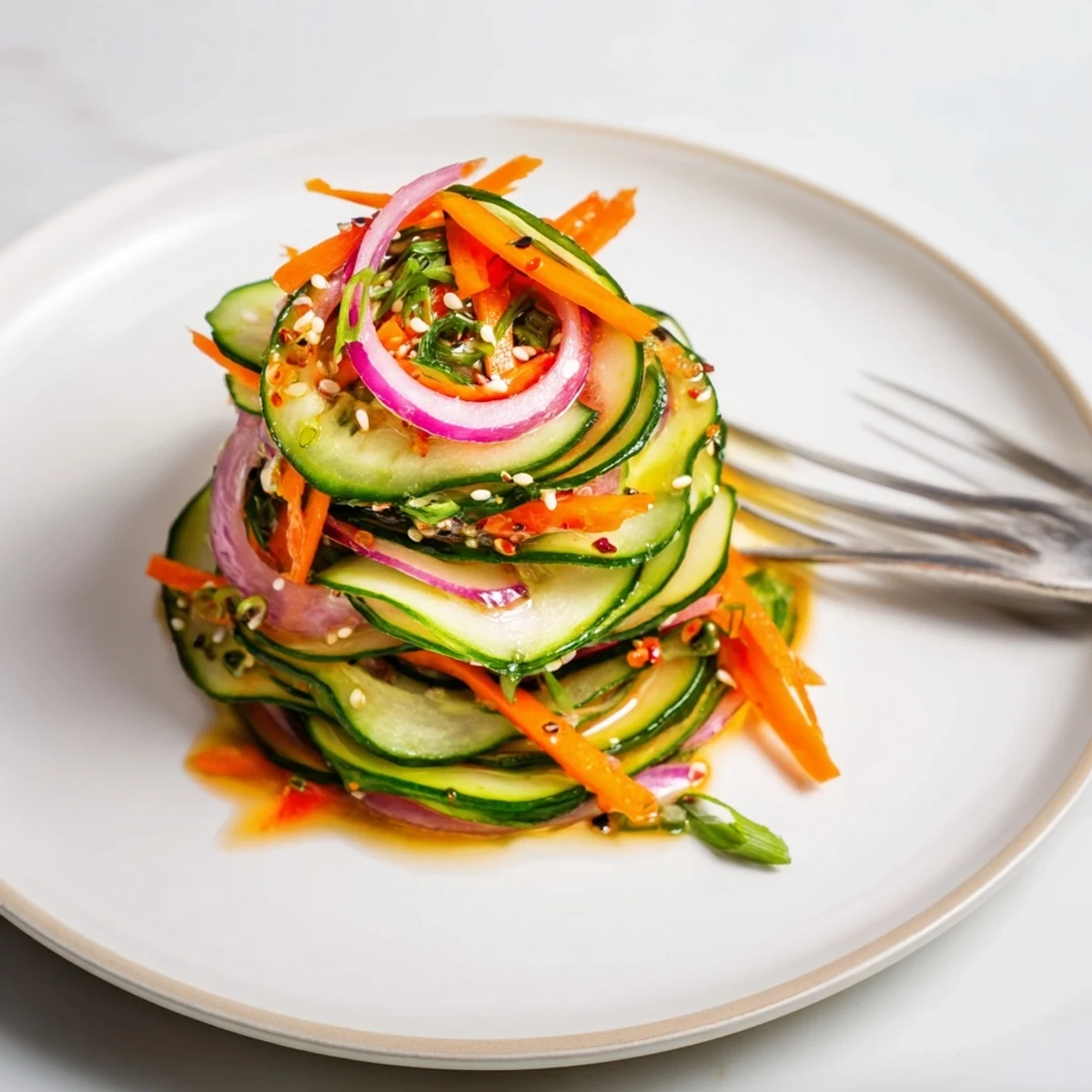 Refreshing cucumber salad remix with vibrant vegetables and tangy Asian dressing.  