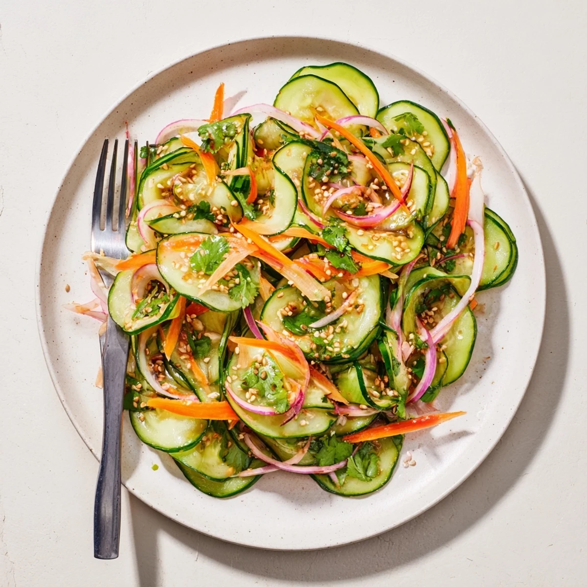 Colorful cucumber salad remix tossed with sesame oil and fresh herbs for flavor.  