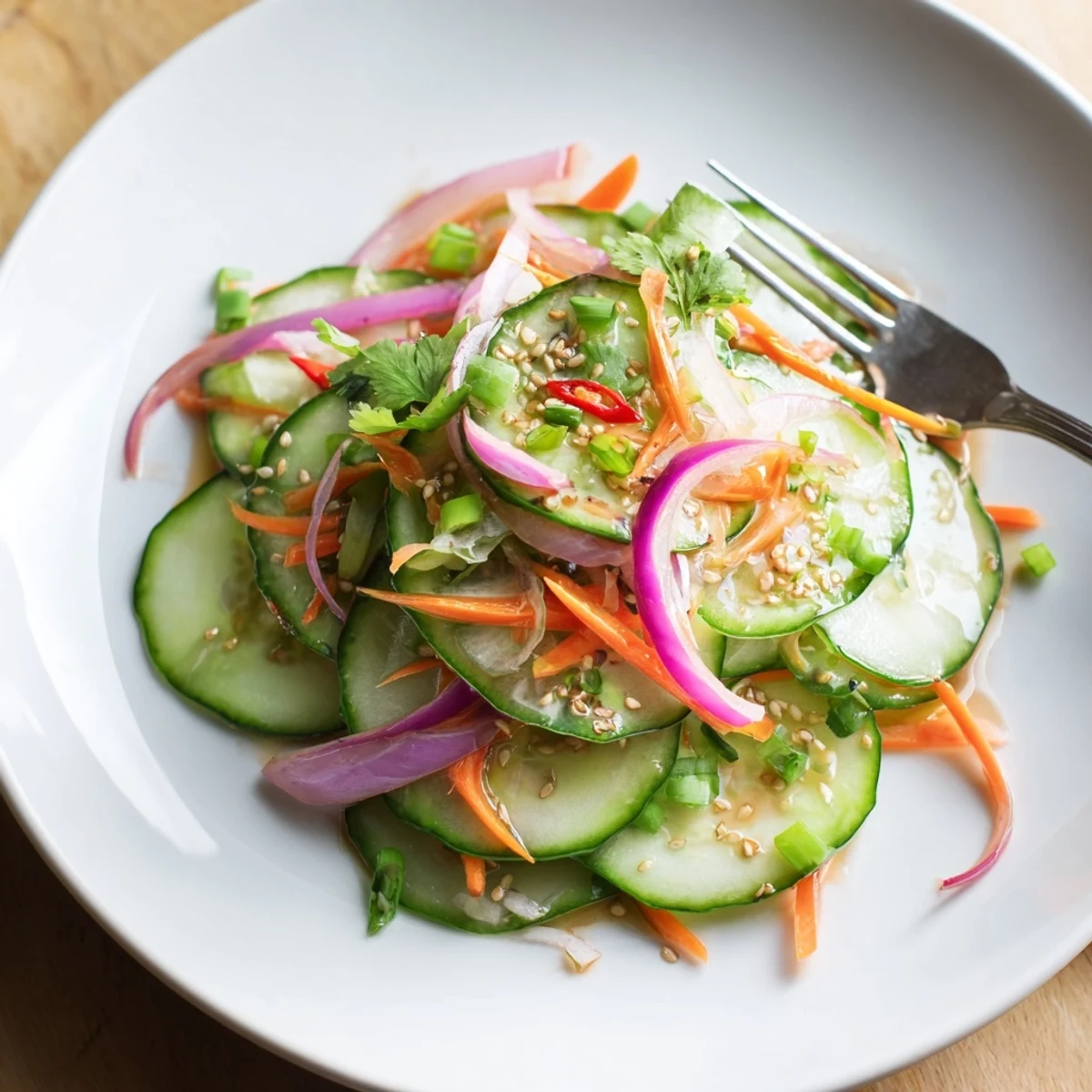 Crunchy cucumber salad remix, perfect as a light side dish or appetizer delight.