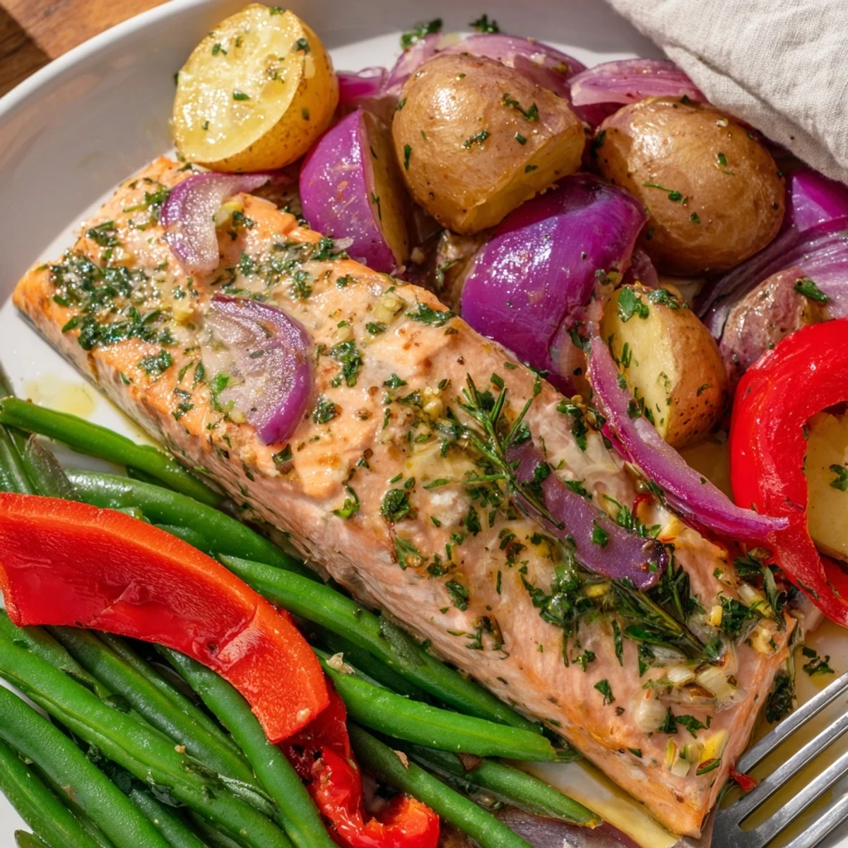 Succulent salmon fillets glistening with lemon herb marinade beside crispy roasted potatoes.