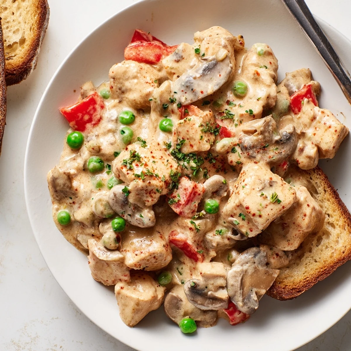 Delicious Chicken à la King atop crispy toast, offering comforting flavors and textures.