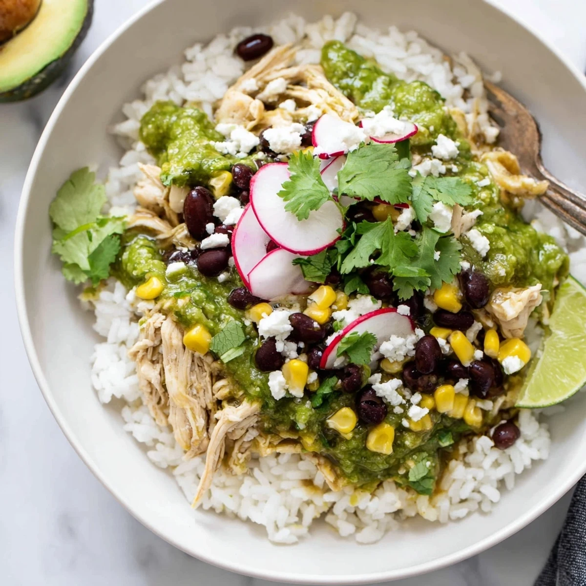 Satisfying Green Enchiladas Rice Bowl featuring tender chicken and colorful veggies.