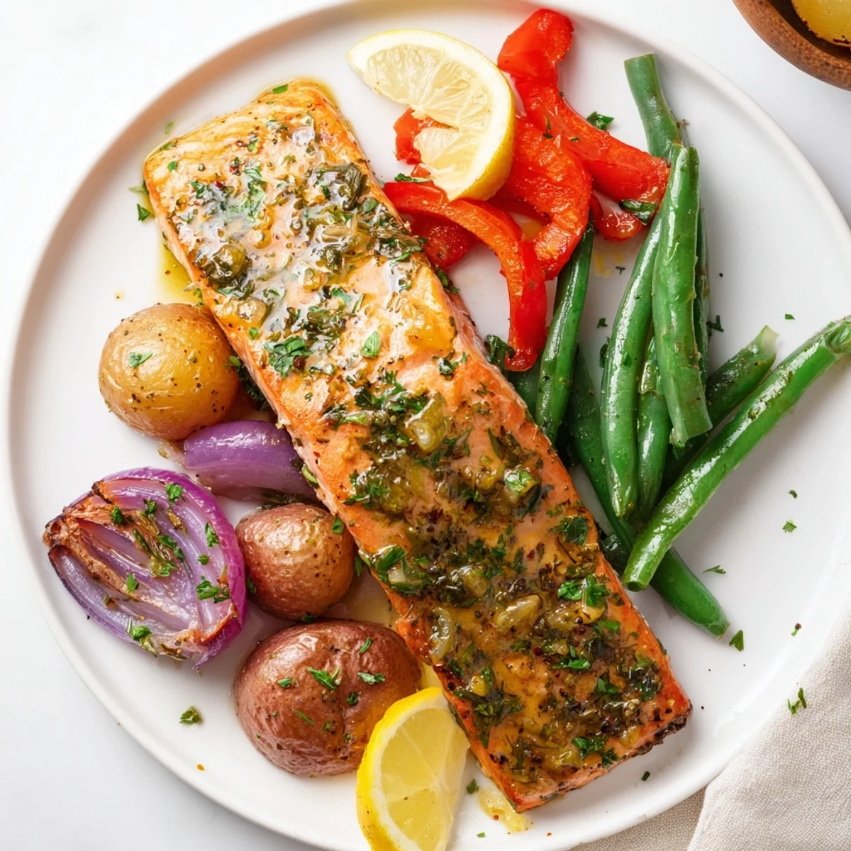 Crispy roasted potatoes and marinated salmon fillets on a colorful sheet pan.  