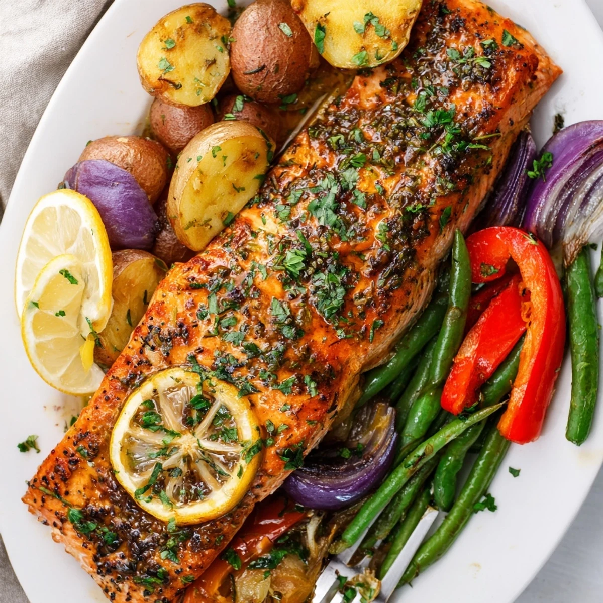 Flavorful Lemon Herb Salmon & Potato Sheet Pan, perfect for a healthy weeknight dinner.