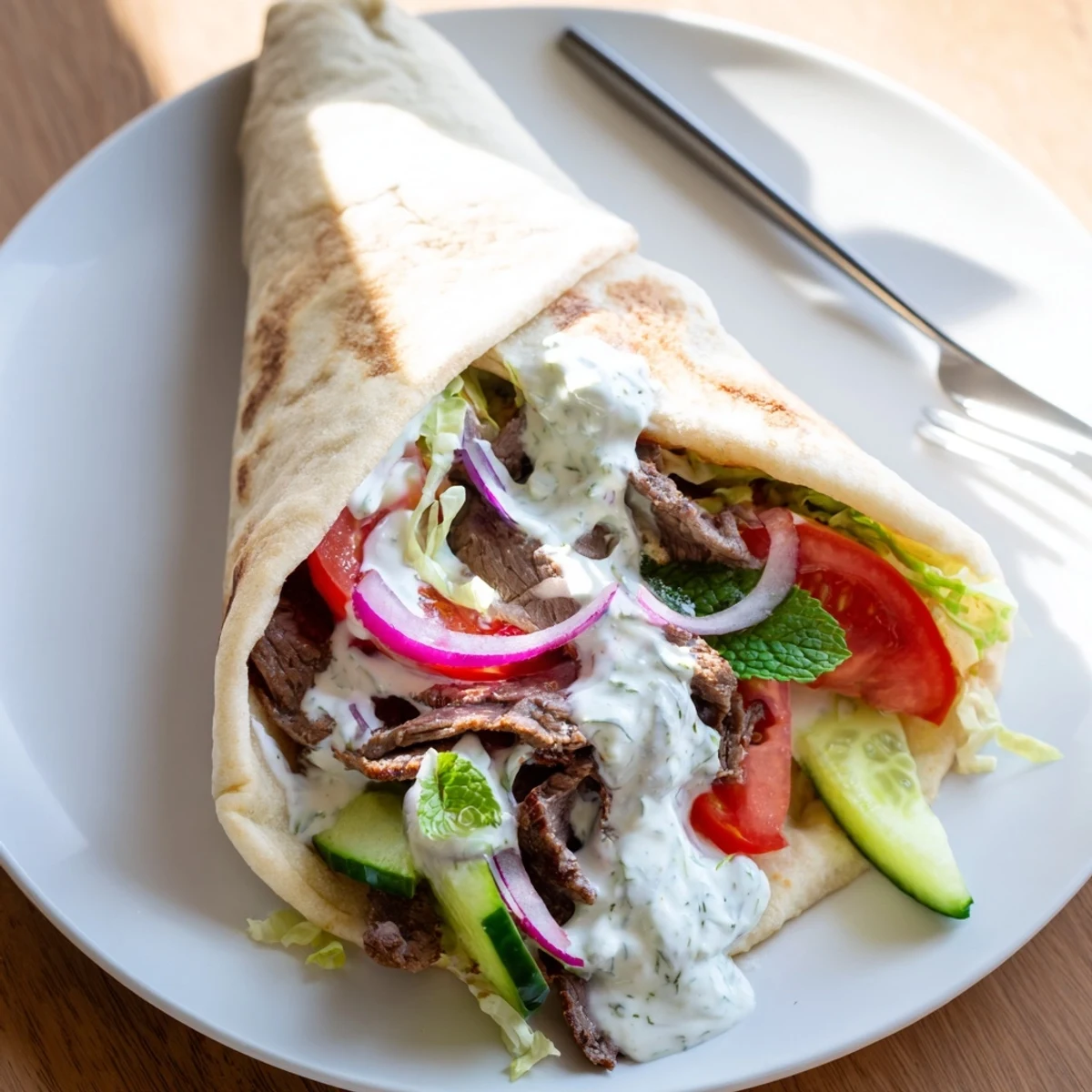 Tender beef shawarma wraps with yogurt sauce and fresh veggies, ideal for lunch.  