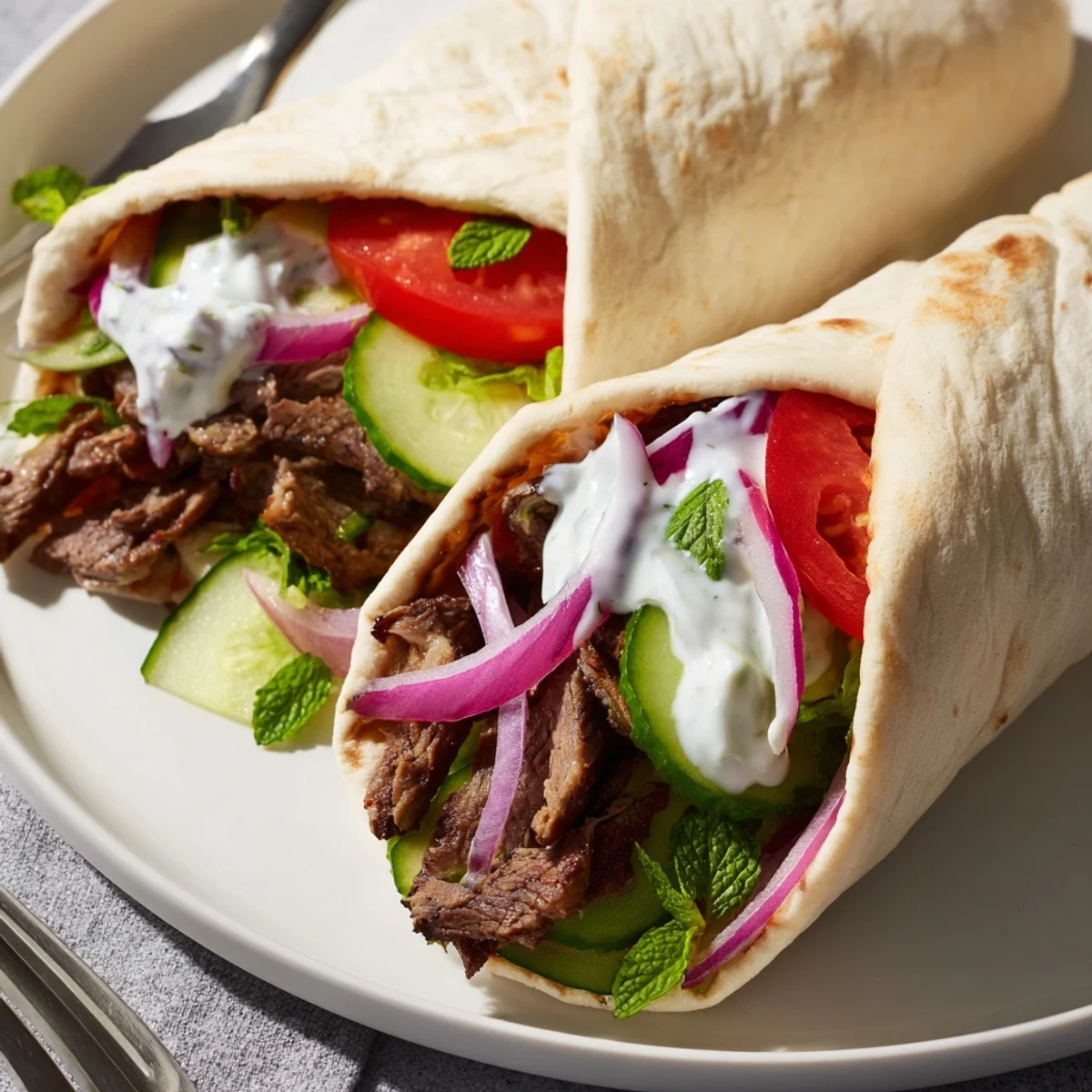 Flavorful beef shawarma wraps drizzled with creamy yogurt sauce and vibrant garnishes.  