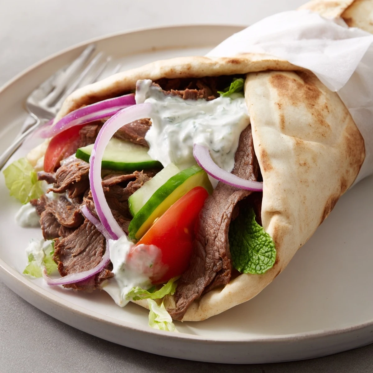 Savory beef shawarma wraps in warm flatbread, served with zesty yogurt sauce delight.