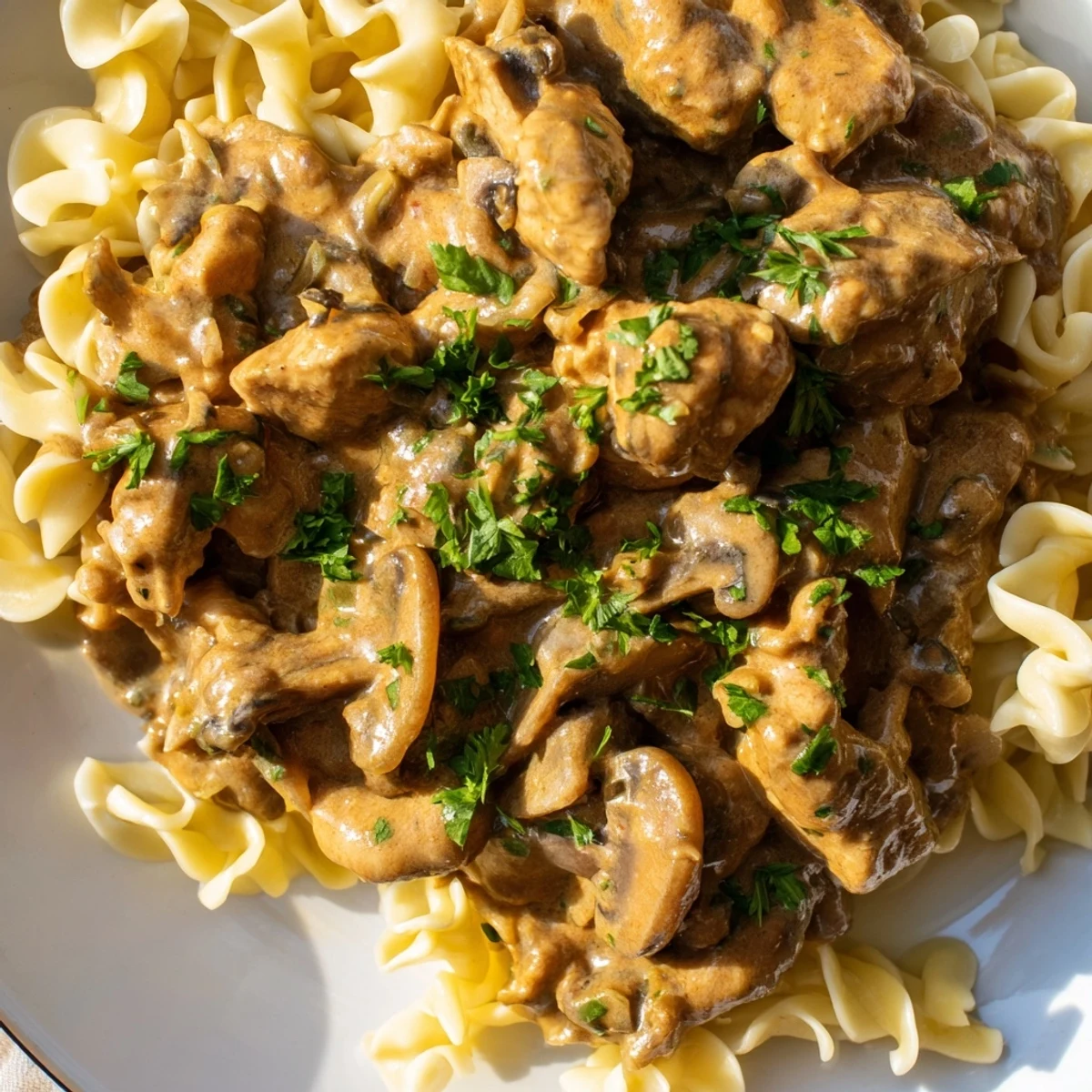 Rich and flavorful creamy chicken stroganoff served with fresh parsley garnish.  