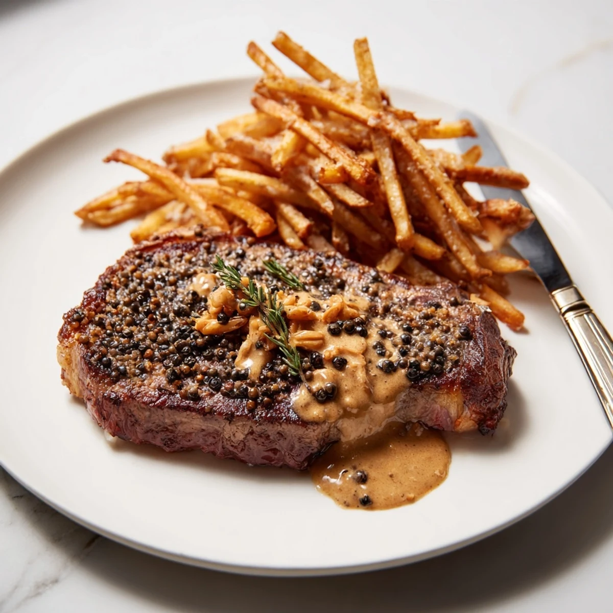 Sizzling classic peppercorn ribeye steak paired with golden fries for a hearty meal.  