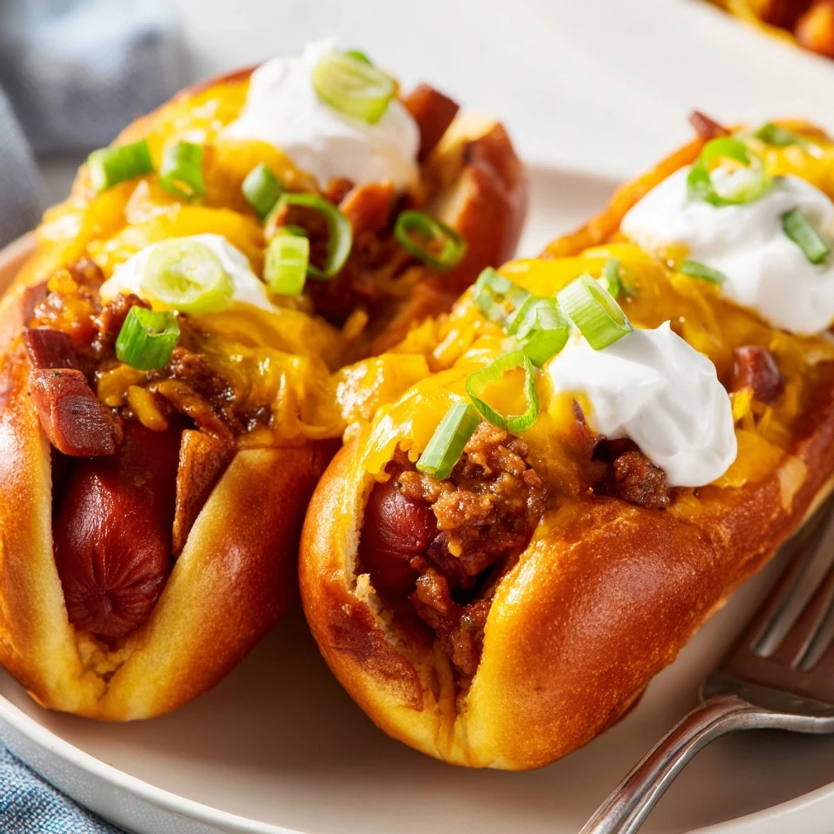 Savory chili dog casserole topped with melted cheese, perfect for cozy dinners.  