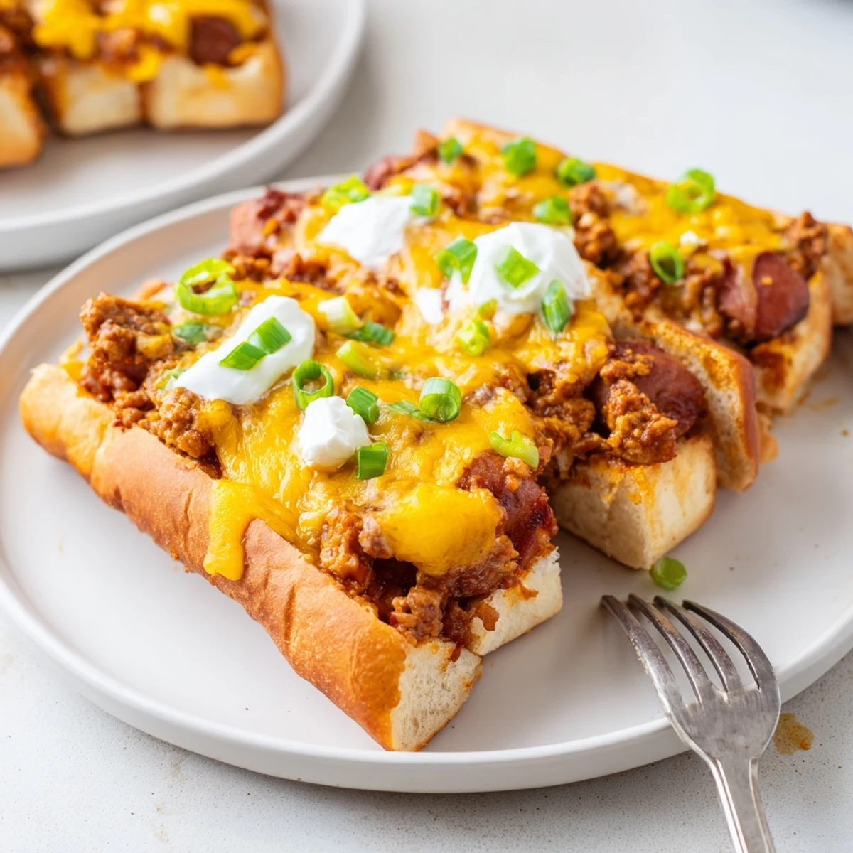 Cheesy chili dog casserole baked to perfection, served hot with fresh chives.  