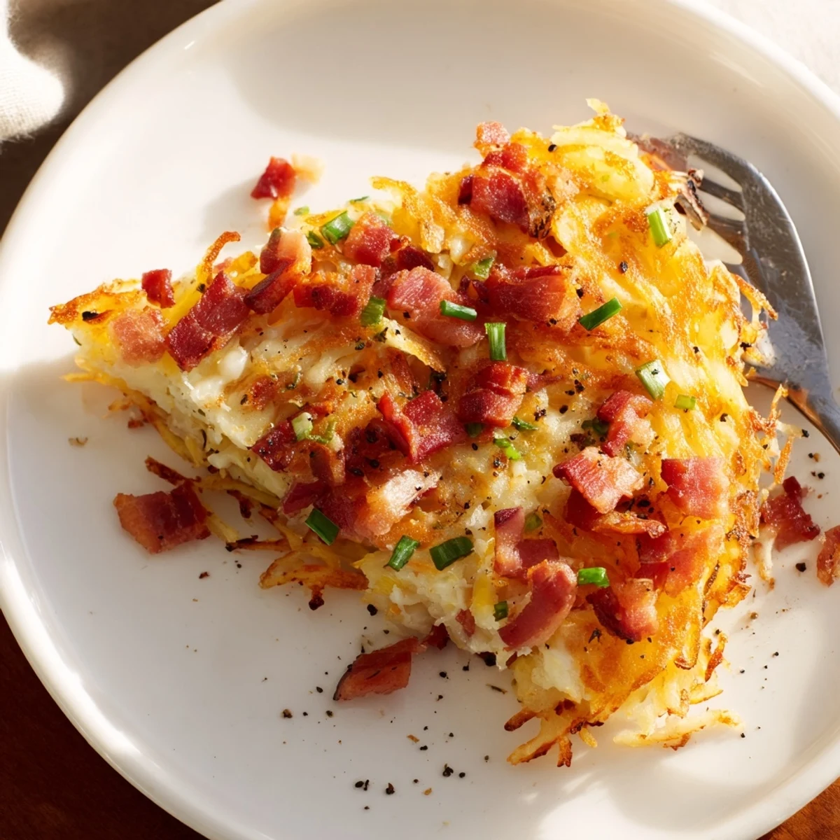Crispy Cheese & Bacon Potato Rösti topped with spring onions, perfect for brunch.