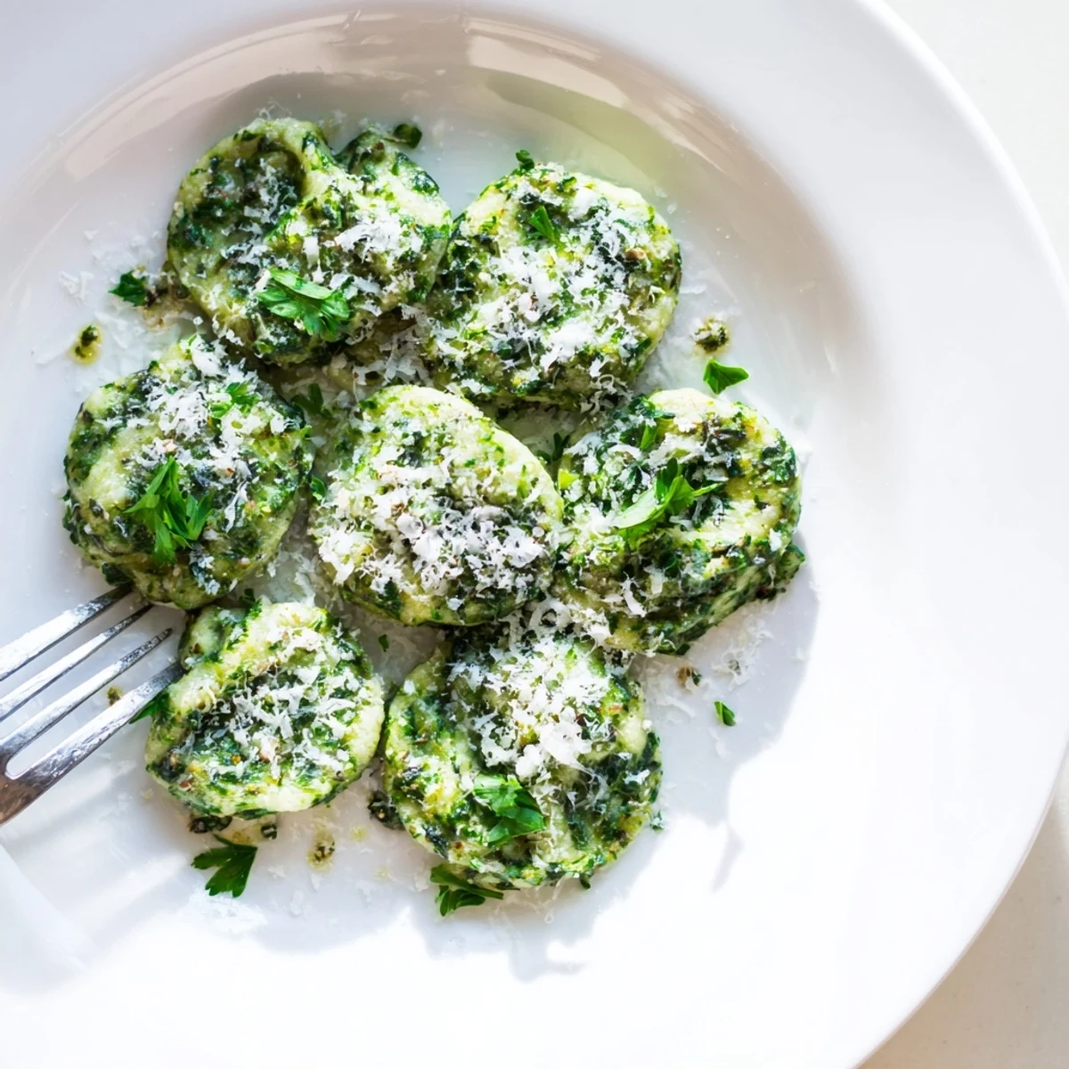 Tender spinach spaetzle with garlic butter, served warm for a comforting dish.  