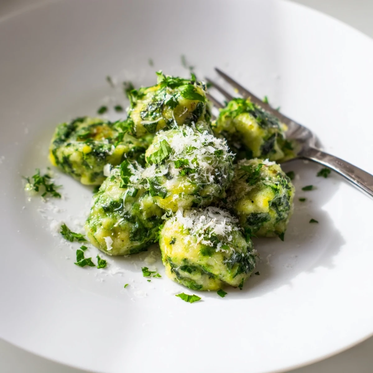 Freshly made spinach spaetzle in rich garlic butter, garnished with parsley for flavor.