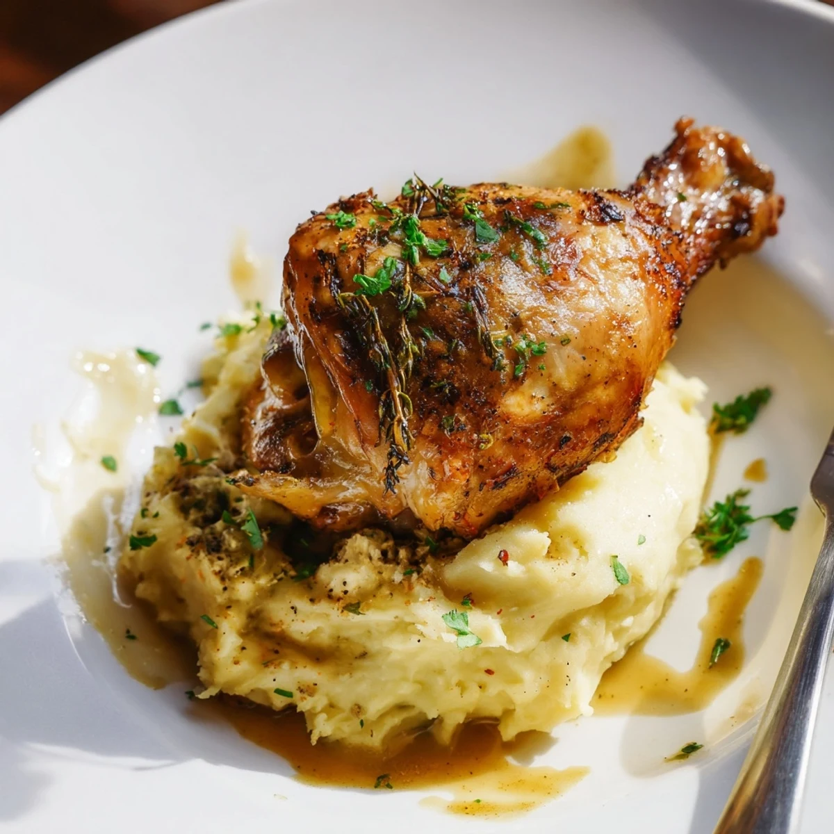 Delicious Oktoberfest chicken atop smooth mustard mash, garnished with fresh parsley delight.