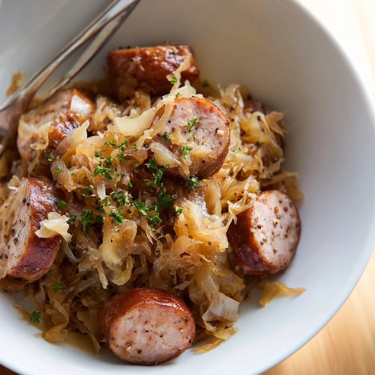 Sizzling sauerkraut and sausage skillet served with fresh parsley and chopped apple.  
