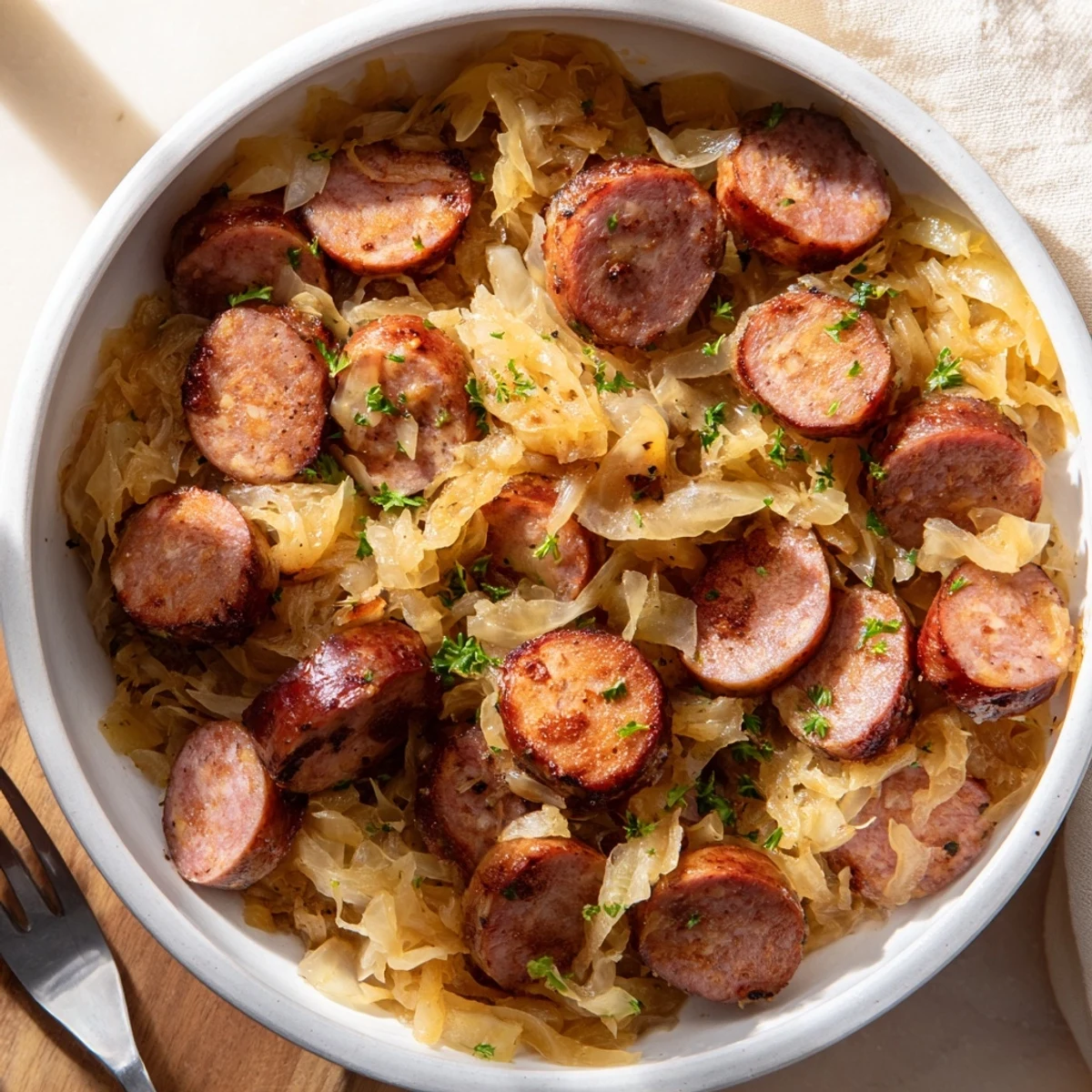 Hearty sauerkraut and sausage skillet with vibrant vegetables and herbs, perfect for dinner.  