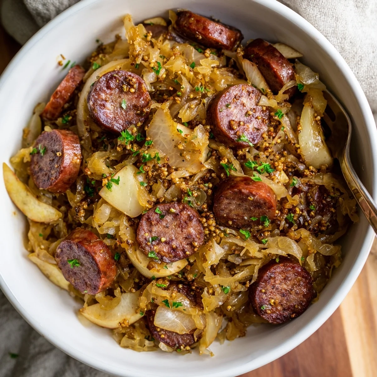 Comforting sauerkraut and sausage skillet, a rustic dish brimming with rich flavors.