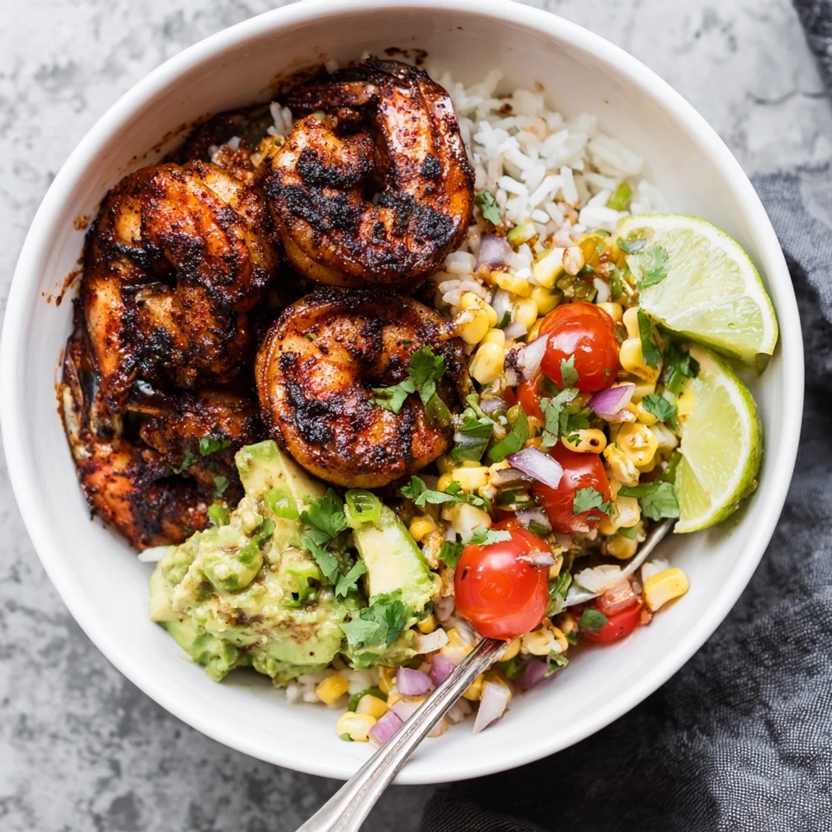 Vibrant blackened shrimp bowl topped with creamy avocado corn salsa and rice.