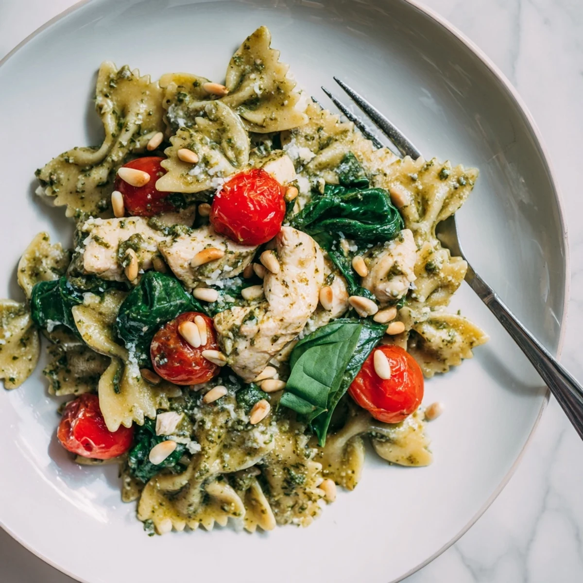 A colorful bowl of pesto chicken bowtie pasta, perfect for weeknight dinners.  