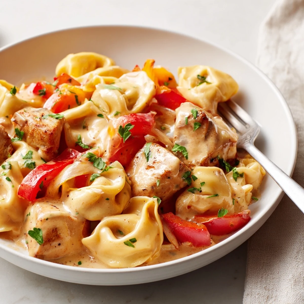 Creamy Cajun garlic Parmesan chicken tortellini topped with vibrant bell peppers and herbs.  