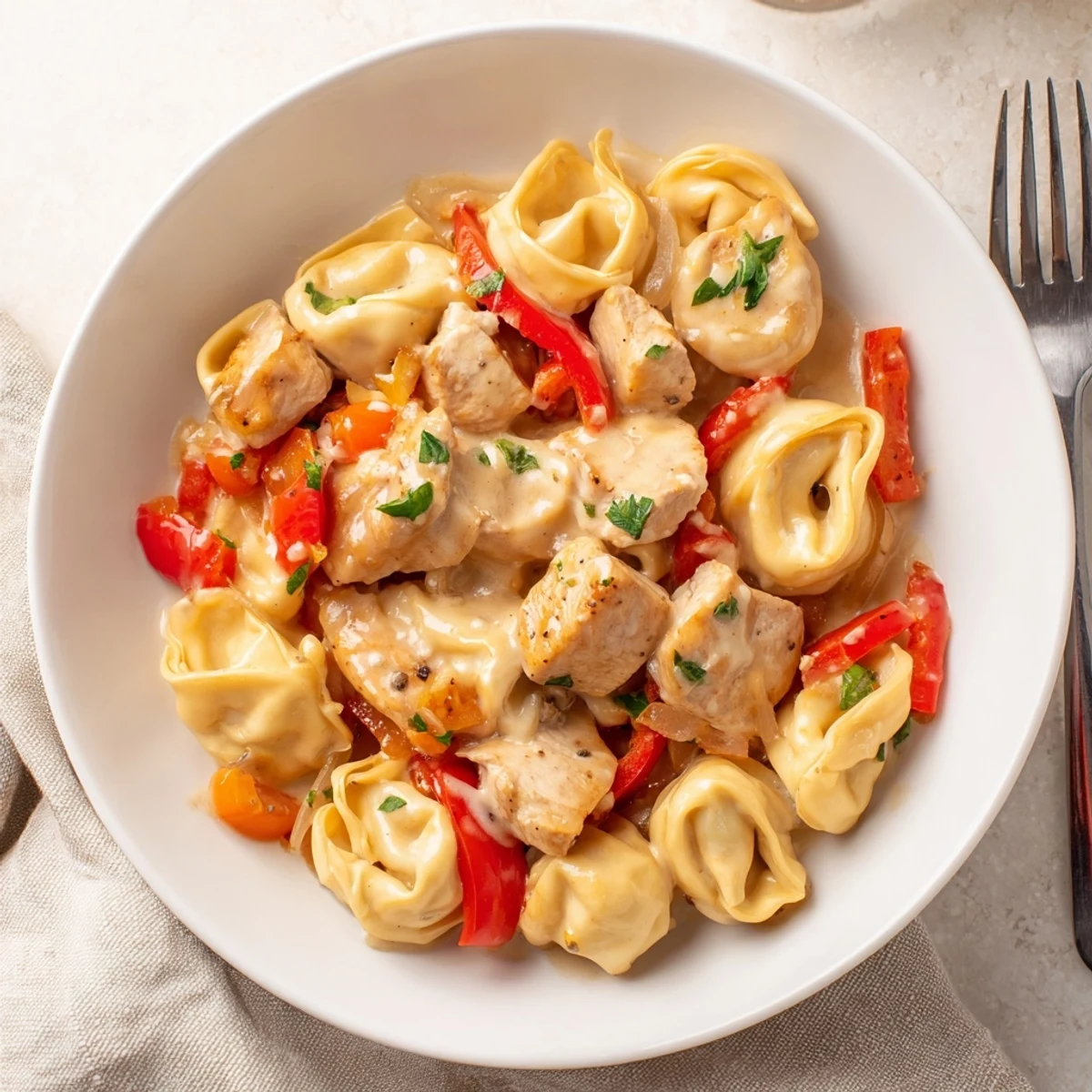 Zesty Cajun Garlic Parmesan Chicken Tortellini served with fresh parsley and grated cheese.  