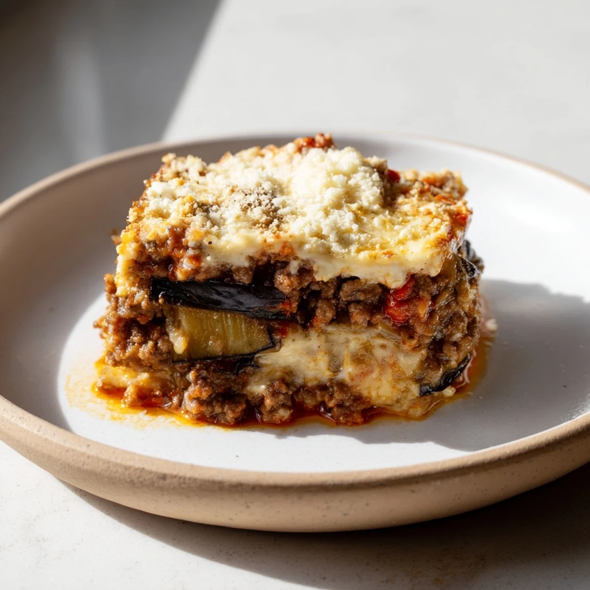 Golden-brown Moussaka with Beef & Eggplant layered with creamy béchamel sauce.