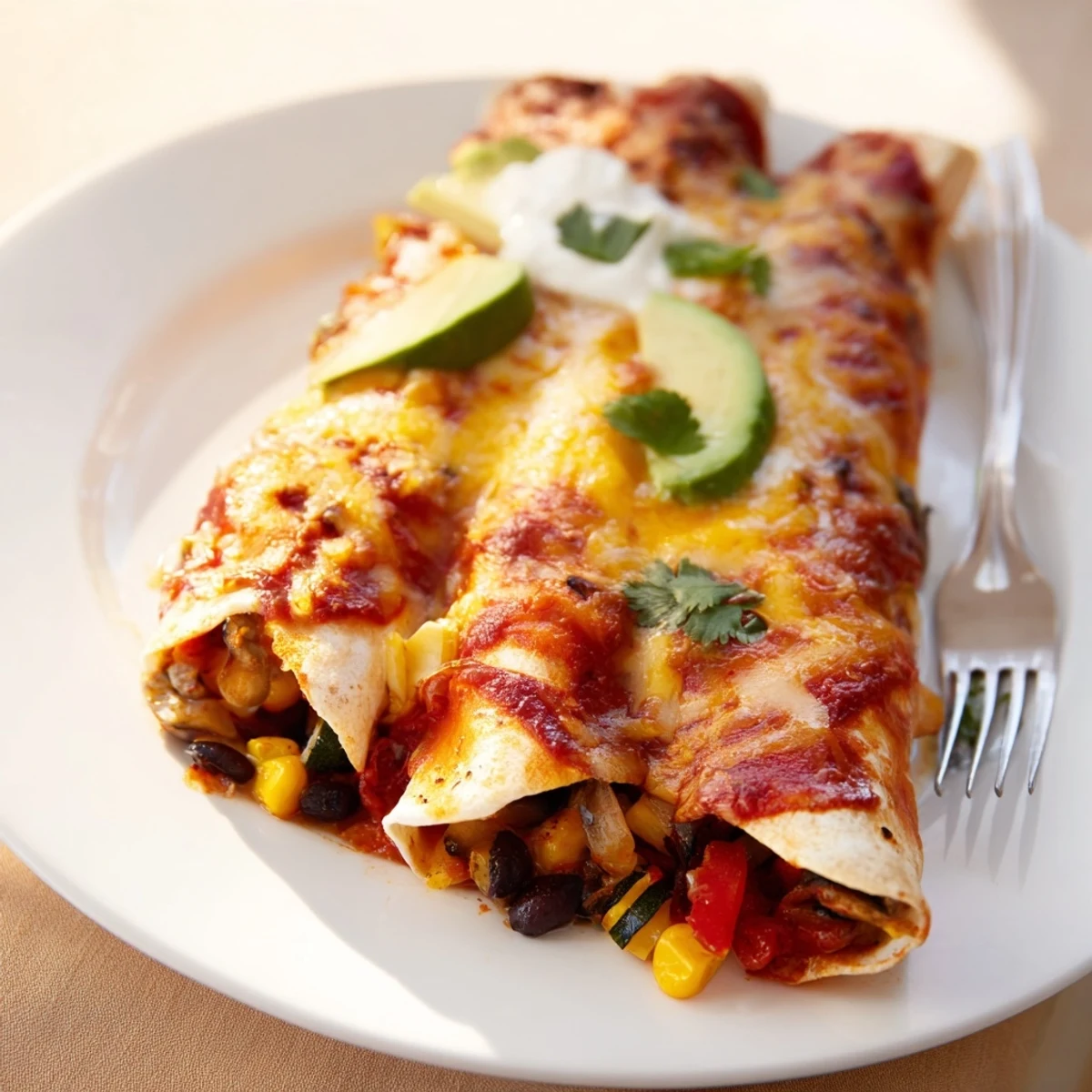 Vibrant Farmers Market Vegetarian Enchiladas topped with melted cheese and fresh cilantro.  