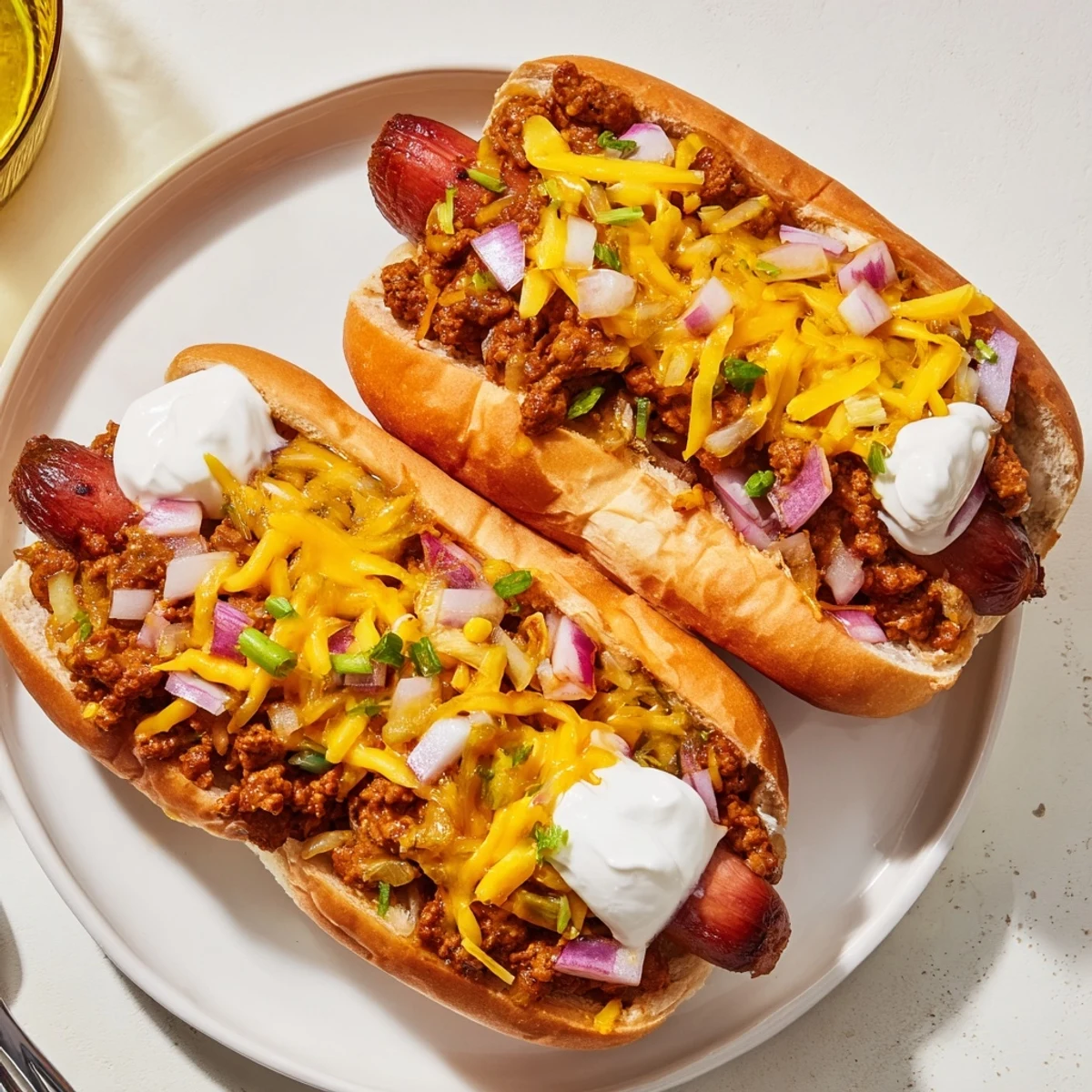 Warm and cheesy Chili Dog Casserole topped with fresh chives and sour cream.  