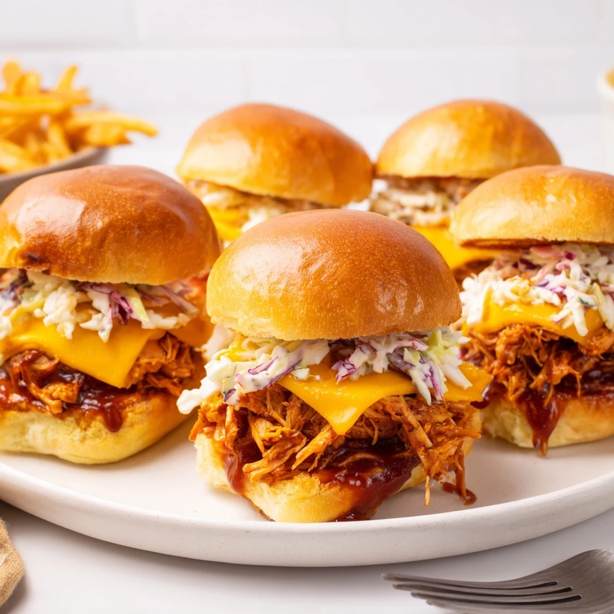 Juicy BBQ Chicken Sliders piled high with coleslaw and served with crispy fries.  