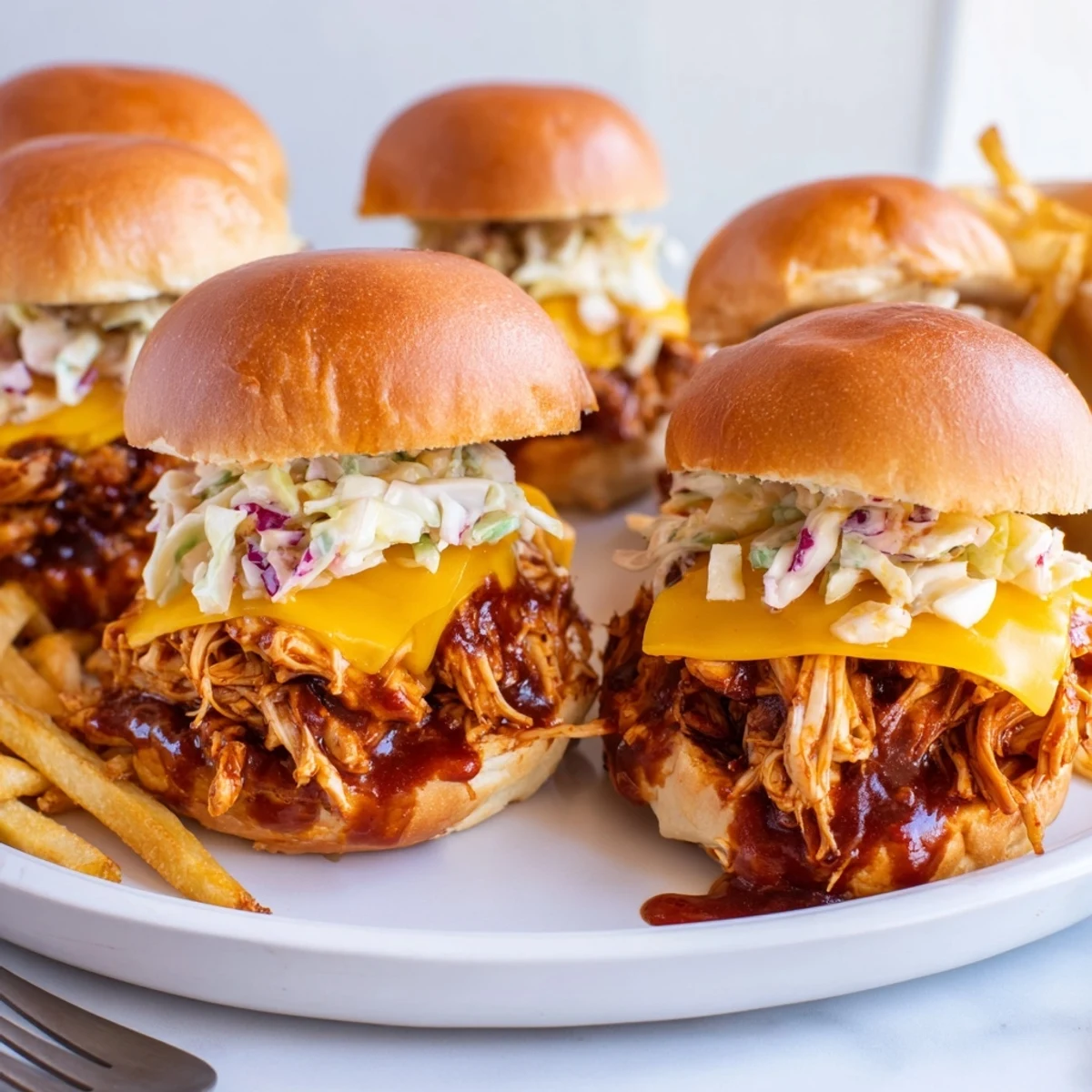 Savory BBQ Chicken Sliders nestled in toasted buns alongside golden, crunchy fries.  