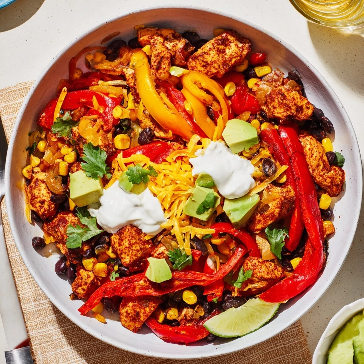 Golden-brown Sheet Pan Chicken Burrito Bowls, piled high with savory chicken and perfectly roasted vegetables, just waiting to be devoured.