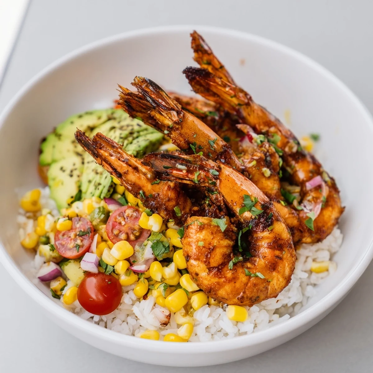 Vibrant image of grilled shrimp bowl with avocado salsa, perfect for a refreshing lunch.