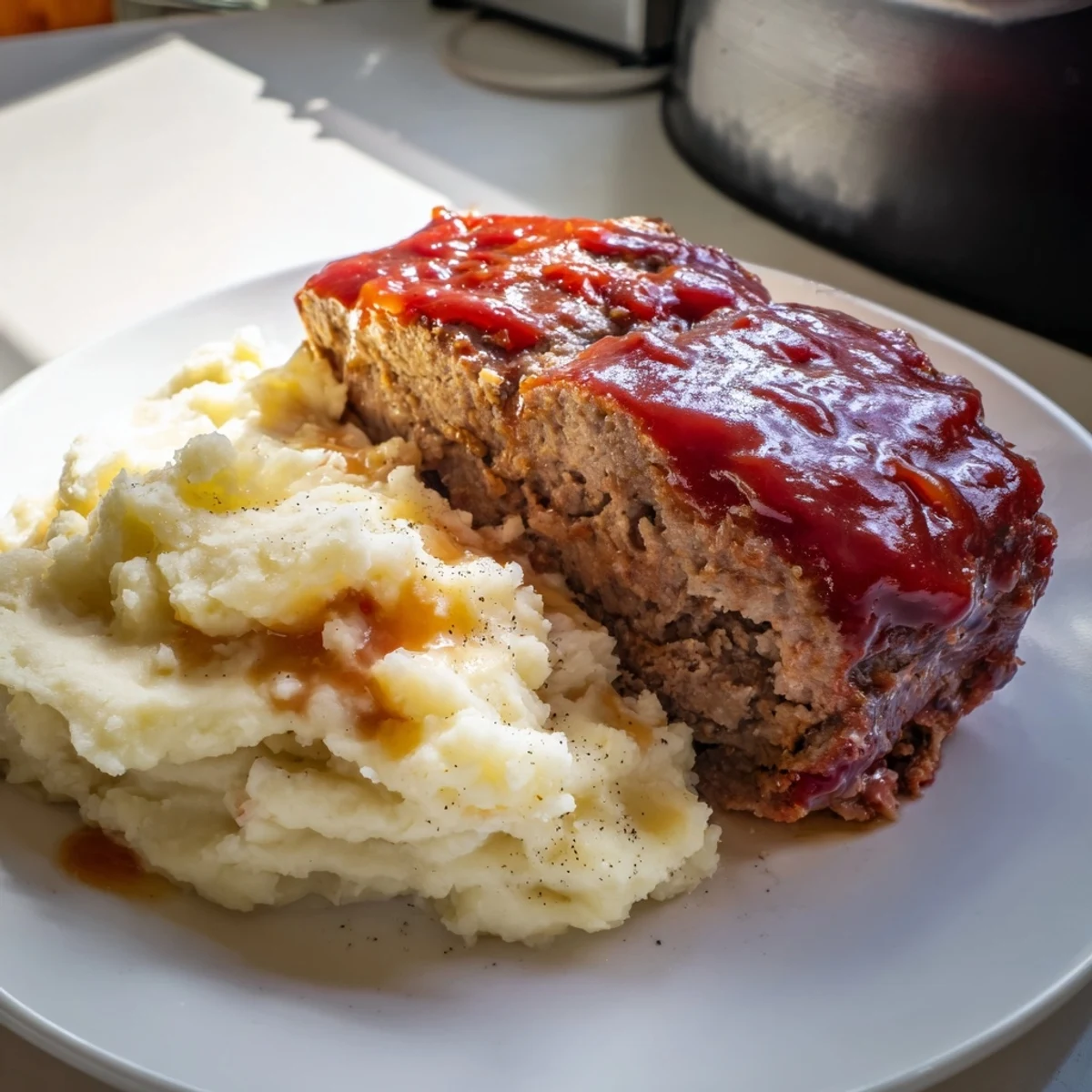A close-up shot of homemade classic meatloaf & mashed potatoes, a comforting American staple.