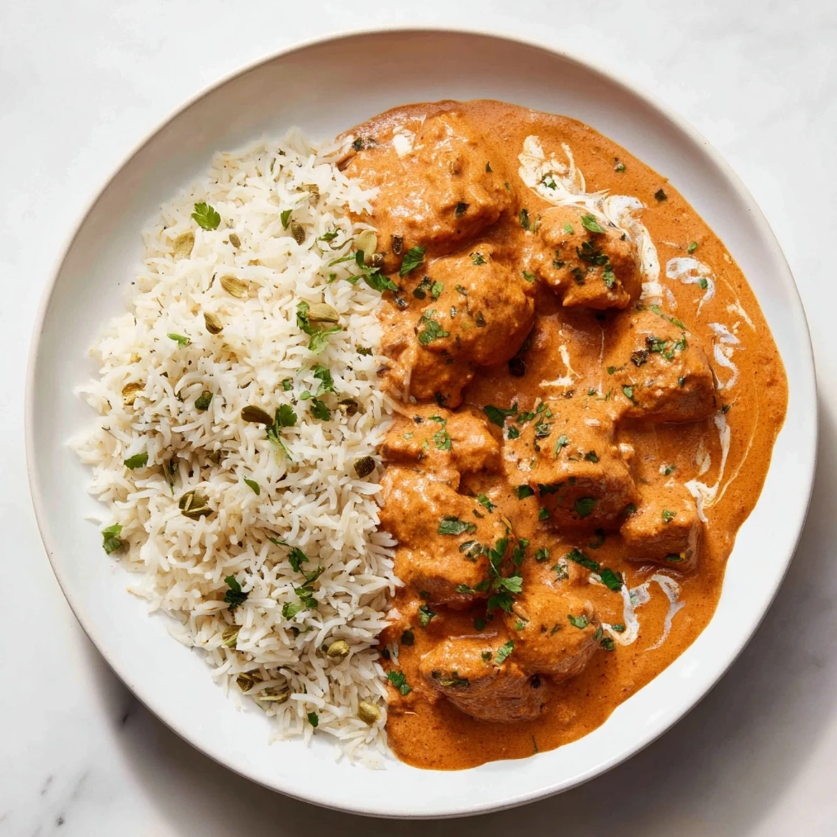 Golden butter chicken, a rich and creamy Indian recipe served with fluffy rice pilaf.