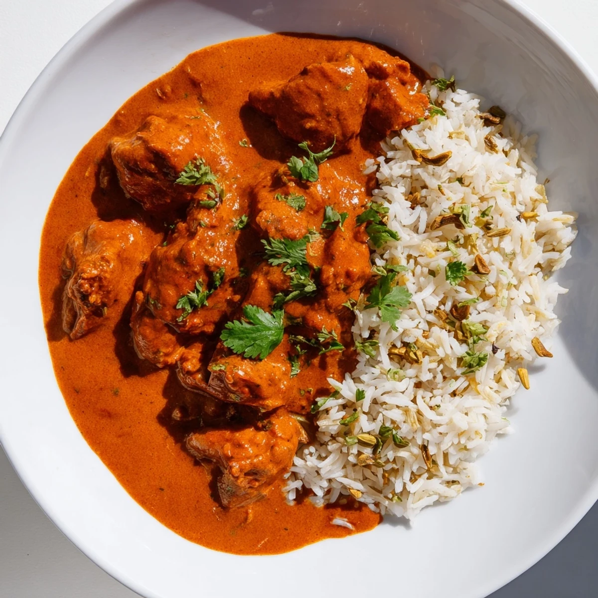 Fragrant basmati rice pilaf alongside a bowl of flavorful, tender butter chicken in a vibrant sauce.