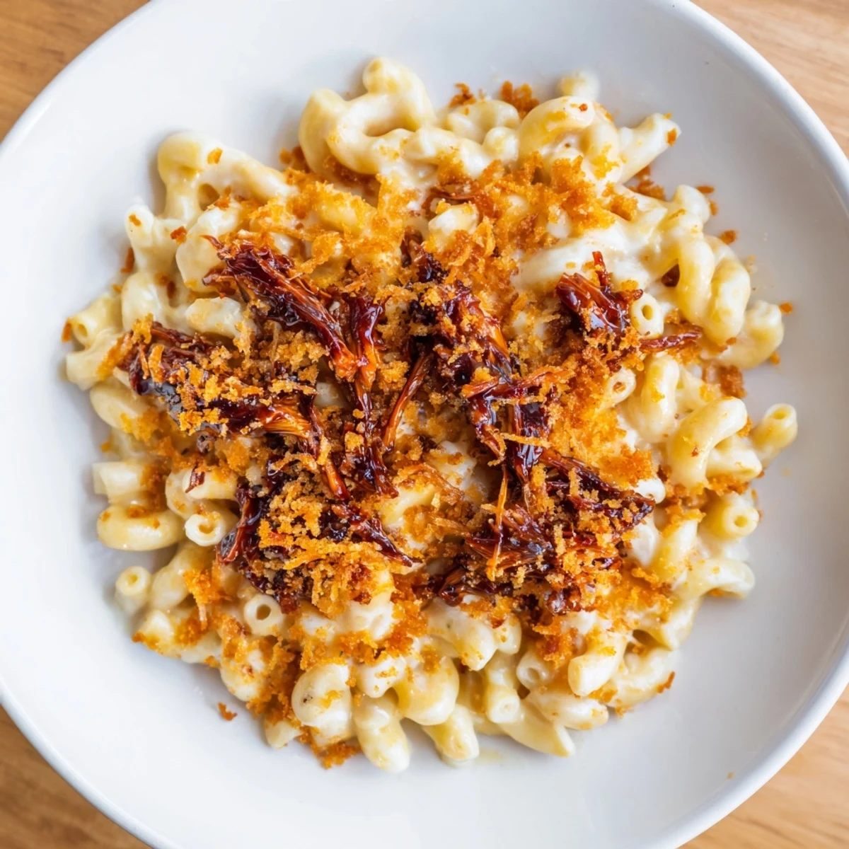 Smoky BBQ chicken tops this creamy, comforting Classic Mac & Cheese; a perfect family dinner casserole.