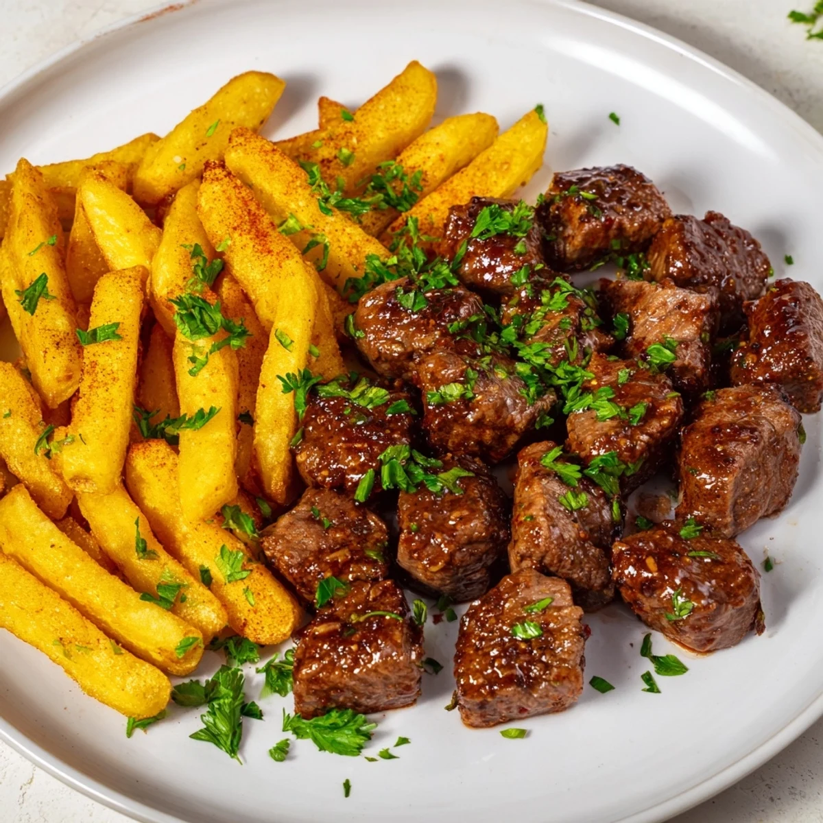 Golden-brown Blackened Cajun Steak Bites with perfectly cooked fries, ready to enjoy.
