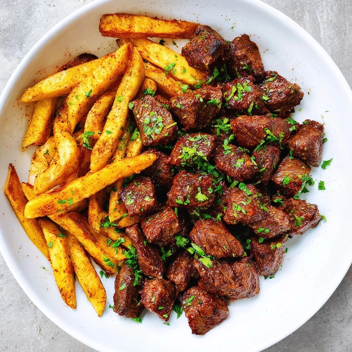 Savory Blackened Cajun Steak Bites served with a side of hot, perfectly salted French fries.